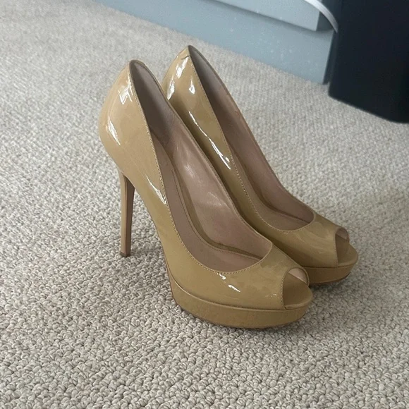 Vince Camuto Patent Peep-Toe Platform Pumps in Tan - Picture 1 of 4